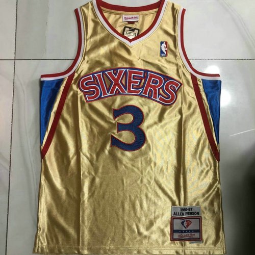 Maillot de Basket #3 Iverson Philadelphia 76ers 1996-97 authentique gold